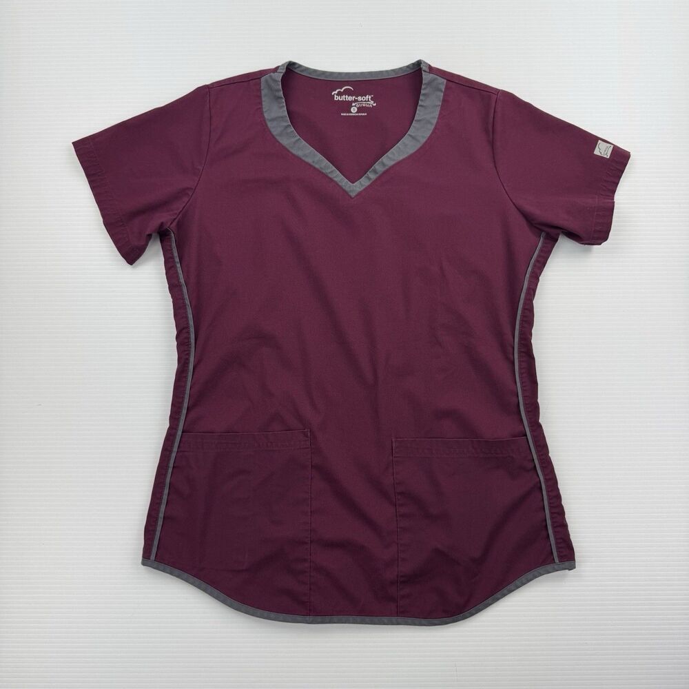Butter Soft Stretch Scrub Top Women’s Small Burgundy V-Neck Medical Pockets